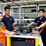 **

A diverse group of Malaysian youth participating in a TVET program, showcasing hands-on skills like automotive repair or digital design, with modern equipment and instructors. The setting is a well-equipped training center. Emphasize the positive atmosphere and the practical application of skills.

**
