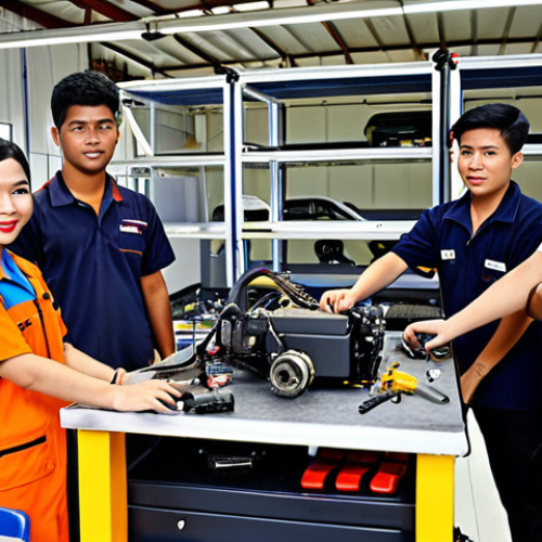 Home 19 **
A diverse group of Malaysian youth participating in a TVET program, showcasing hands-on skills like automotive repair or digital design, with modern equipment and instructors. The setting is a well-equipped training center. Emphasize the positive atmosphere and the practical application of skills.
**