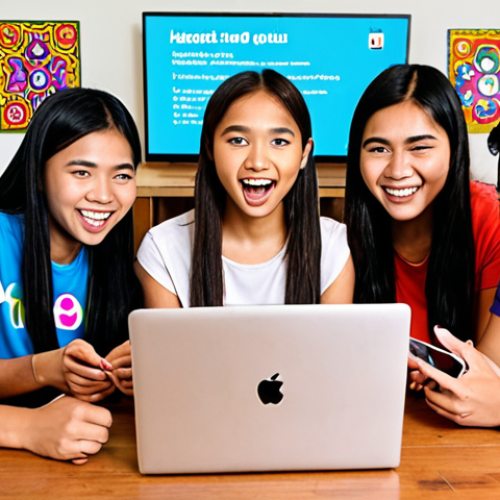 Home 18 **A diverse group of Malaysian teenagers enthusiastically participating in an online Kahoot! quiz on their laptops and smartphones. The background shows a fun, colorful Kahoot! game interface. Focus on positive expressions and active engagement. Consider incorporating a batik pattern subtly in the background.**