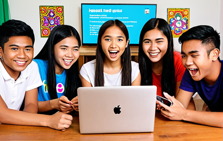 **A diverse group of Malaysian teenagers enthusiastically participating in an online Kahoot! quiz on their laptops and smartphones. The background shows a fun, colorful Kahoot! game interface. Focus on positive expressions and active engagement. Consider incorporating a batik pattern subtly in the background.**