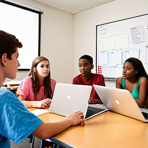 Home 17 **Image Prompt:** A diverse group of teenagers brainstorming ideas for a youth program, using laptops and whiteboards in a brightly lit room. Emphasis on teamwork and innovation.