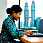 **

A professional Malay businesswoman in a modest batik dress, working on a laptop at a desk in a bright, modern Kuala Lumpur office. Petronas Twin Towers visible in the background. Fully clothed, appropriate attire, safe for work, perfect anatomy, natural proportions, professional photography, high quality, family-friendly.

**