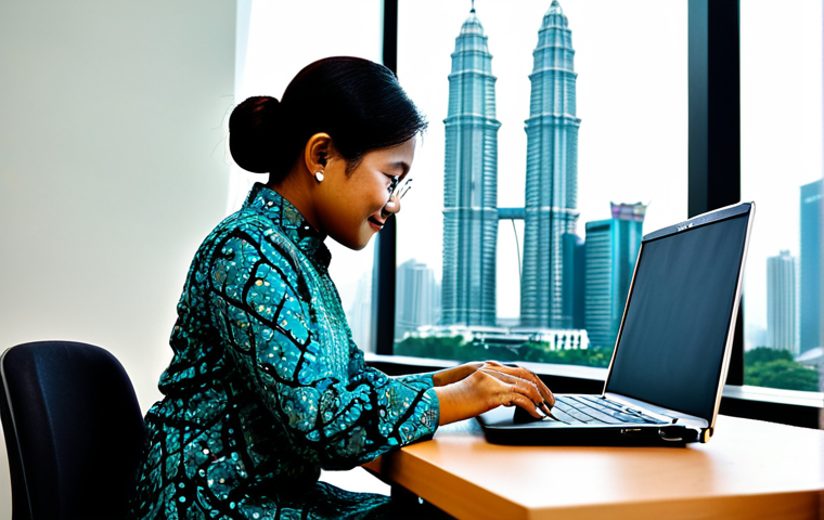 **

A professional Malay businesswoman in a modest batik dress, working on a laptop at a desk in a bright, modern Kuala Lumpur office. Petronas Twin Towers visible in the background. Fully clothed, appropriate attire, safe for work, perfect anatomy, natural proportions, professional photography, high quality, family-friendly.

**