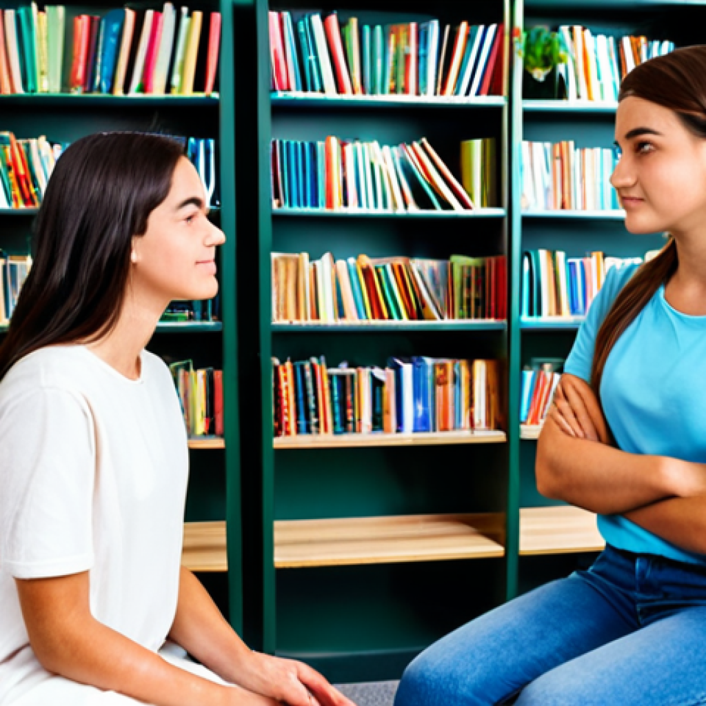 Teen Mental Health Support**

A kind, professional female counselor, fully clothed in a modest office dress, sitting across from a fully clothed teenage girl in jeans and a t-shirt in a bright, comfortable office setting. The counselor is actively listening with a gentle expression. Bookshelves and plants decorate the background. safe for work, appropriate content, fully clothed, professional, perfect anatomy, correct proportions, natural pose, well-formed hands, proper finger count, natural body proportions, high quality, bright lighting.

**