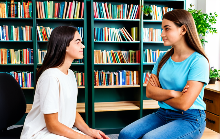 Teen Mental Health Support**

A kind, professional female counselor, fully clothed in a modest office dress, sitting across from a fully clothed teenage girl in jeans and a t-shirt in a bright, comfortable office setting. The counselor is actively listening with a gentle expression. Bookshelves and plants decorate the background. safe for work, appropriate content, fully clothed, professional, perfect anatomy, correct proportions, natural pose, well-formed hands, proper finger count, natural body proportions, high quality, bright lighting.

**