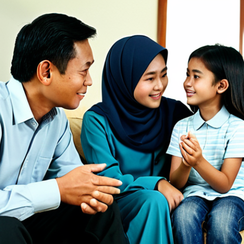 Family Support**

"A warm and inviting scene of a Malaysian family, fully clothed and in modest attire, gathered in their living room. The teenage daughter is sharing something with her parents, who are listening attentively. The environment is a comfortable and well-lit home. Safe for work, appropriate content, professional, perfect anatomy, natural proportions, well-formed hands, proper finger count, modest clothing."

**