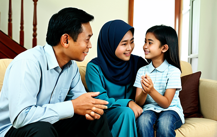 Family Support**

"A warm and inviting scene of a Malaysian family, fully clothed and in modest attire, gathered in their living room. The teenage daughter is sharing something with her parents, who are listening attentively. The environment is a comfortable and well-lit home. Safe for work, appropriate content, professional, perfect anatomy, natural proportions, well-formed hands, proper finger count, modest clothing."

**